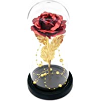 Kit de Rosas La Bella y la Bestia- Hoja de Oro Rojo Rosa y luz LED con Cuentas de Oro en cúpula de Vidrio en Base de…